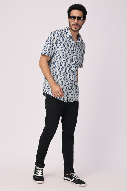 Men handblocked Indigo/ Floral organic cotton shirt