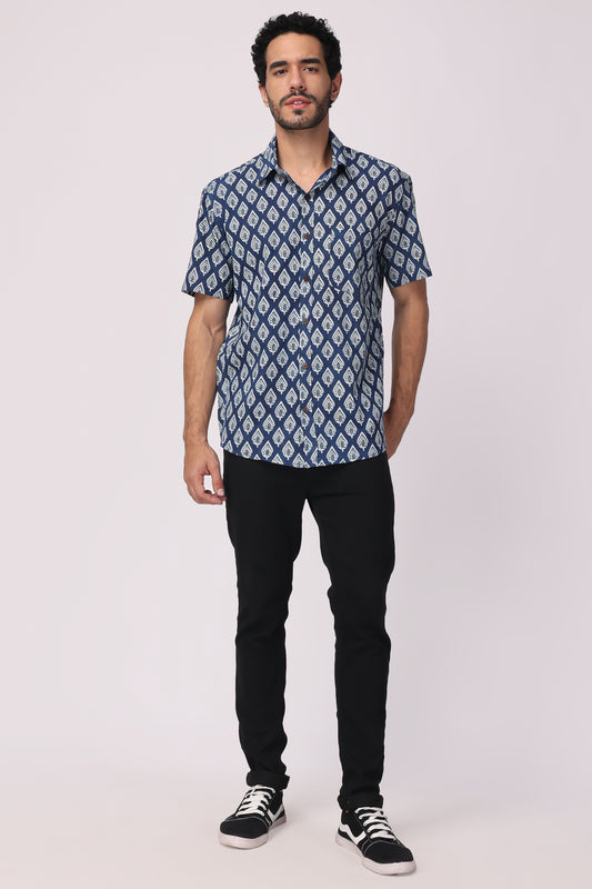 Men's handblocked Indigo/ leaf Pattern Organic cotton shirt