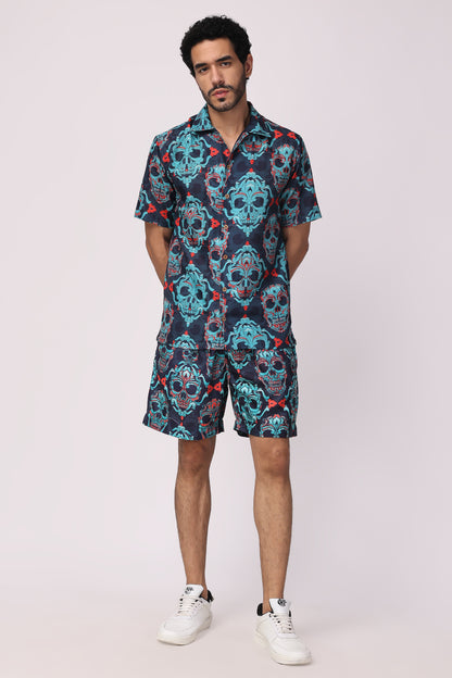 Men's Hand blocked indigo / Skull Print Organic cotton co-ord set
