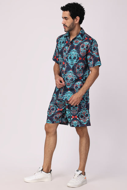 Men's Hand blocked indigo / Skull Print Organic cotton co-ord set