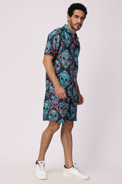 Men's Hand blocked indigo / Skull Print Organic cotton co-ord set