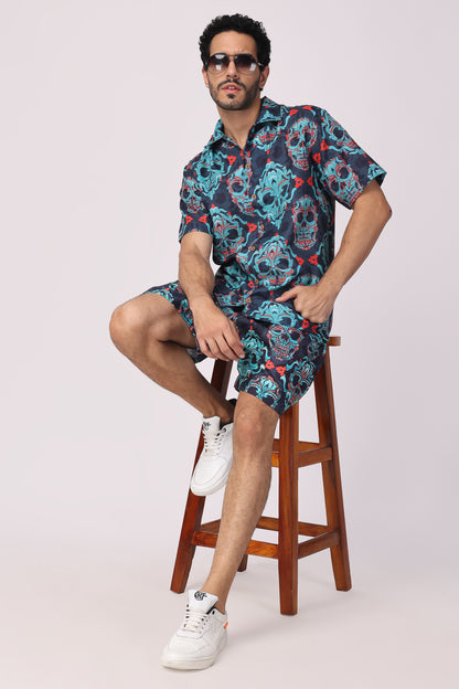 Men's Hand blocked indigo / Skull Print Organic cotton co-ord set