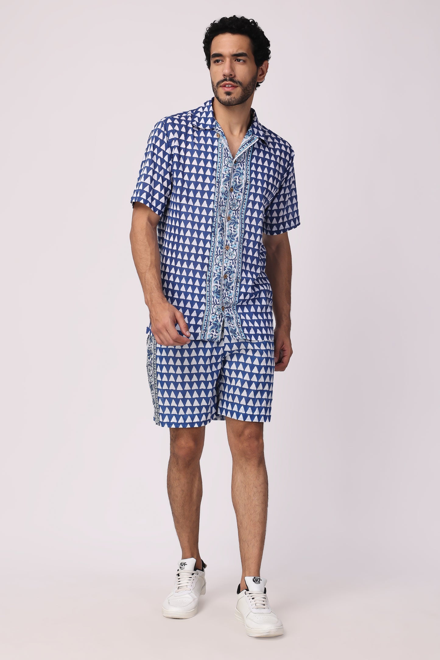Men's hand block organic cotton blue/ white chevron co-ord Set