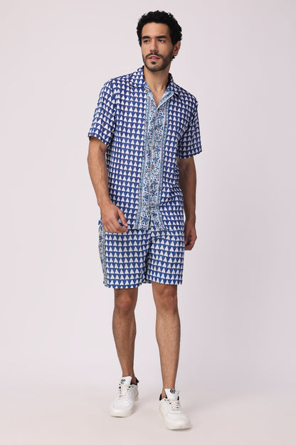 Men's hand block organic cotton blue/ white chevron co-ord Set