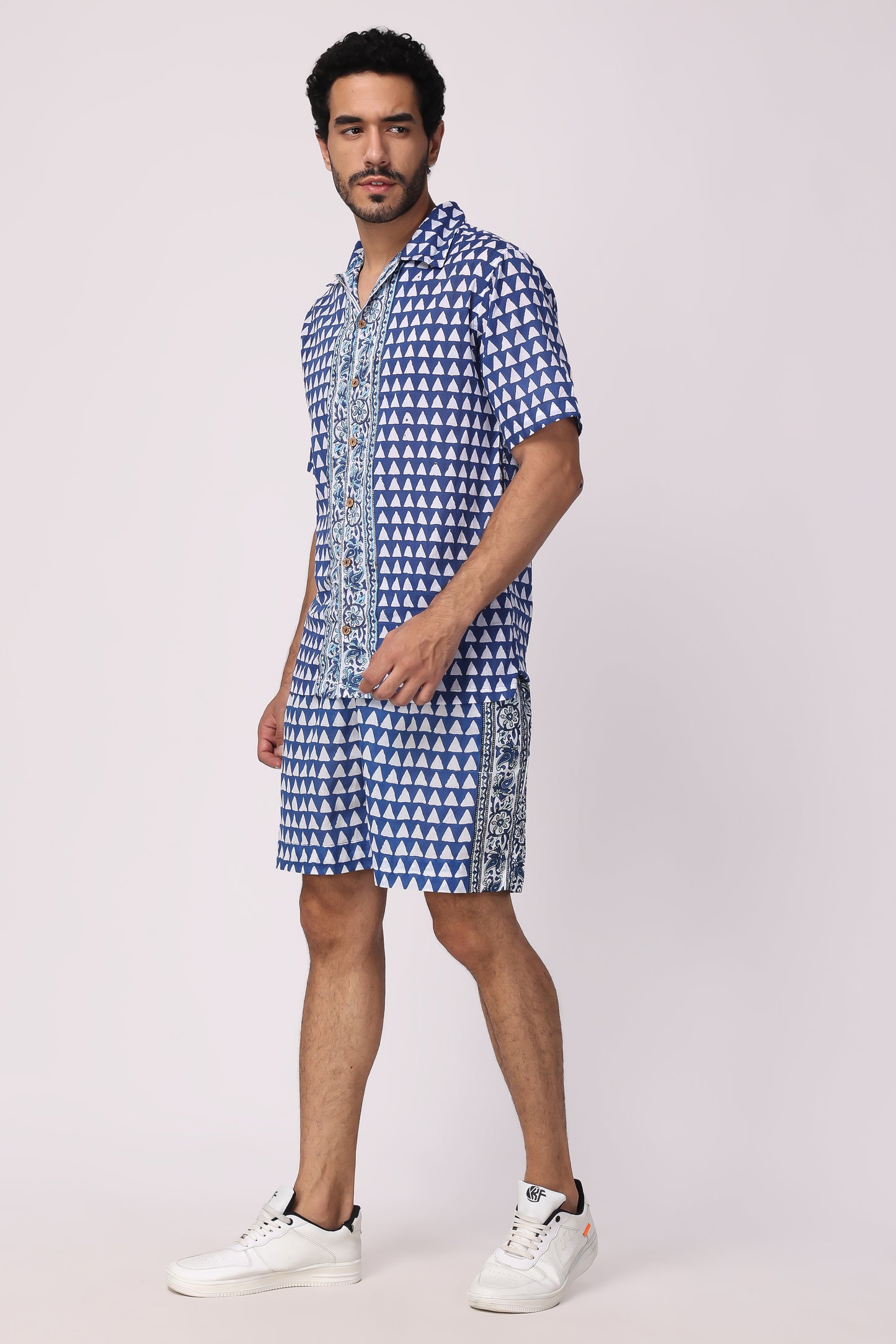 Men's hand block organic cotton blue/ white chevron co-ord Set