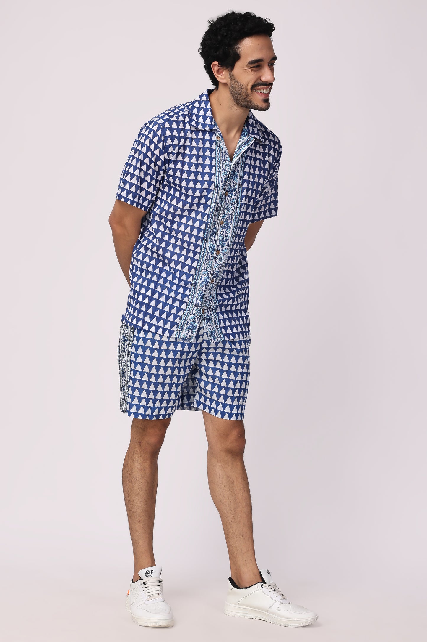 Men's hand block organic cotton blue/ white chevron co-ord Set