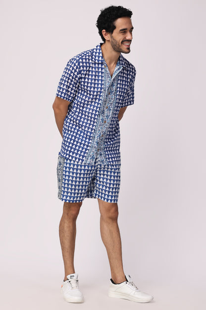 Men's hand block organic cotton blue/ white chevron co-ord Set