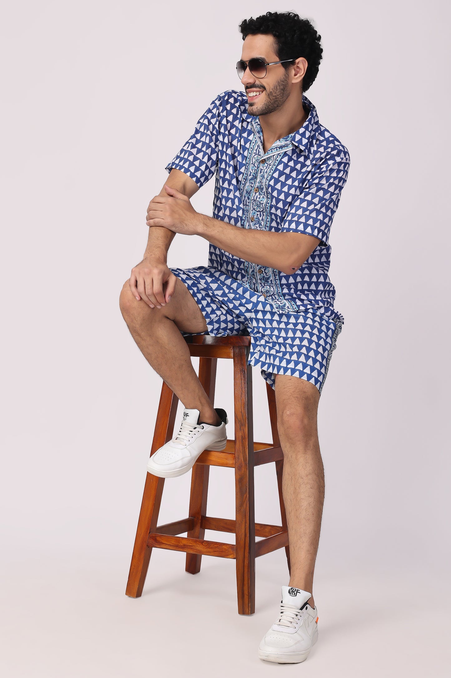 Men's hand block organic cotton blue/ white chevron co-ord Set
